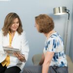 Adult Gerontology Acute Care Program: Nurse Practitioner explains diagnosis and treatment options to elderly patient in examination room