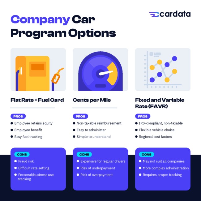 An infographic showing 6 options for company car programs: Company-Owned Vehicle, Company-Leased Vehicle, Flat Monthly Payments, Flat Rate Plus a Fuel Card, Cents Per Mile, and Fixed & Variable Reimbursement.