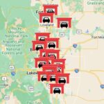 Air Care Colorado Program Area Map: Emission testing locations across the Colorado Front Range with interactive wait time information.