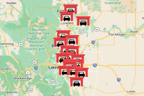 Air Care Colorado Program Area Map: Emission testing locations across the Colorado Front Range with interactive wait time information.