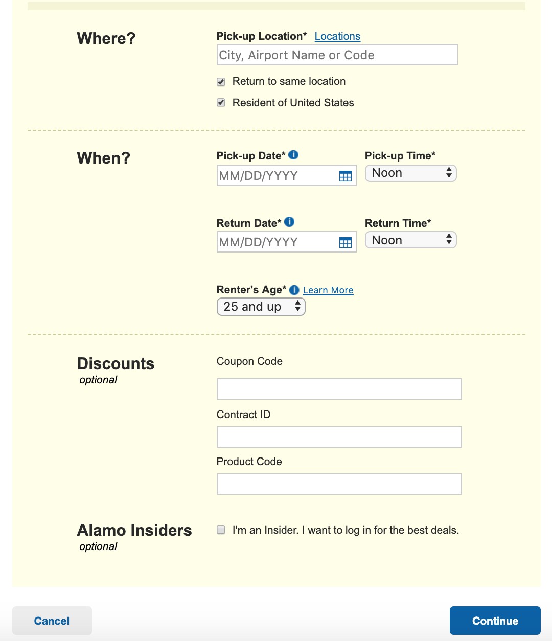 Alamo Car Rental Program Online Booking Screen - Enter Pickup Location and Date