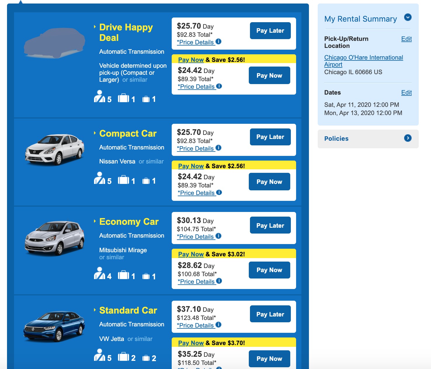 Alamo Car Rental Program Search Results - Vehicle Selection and Payment Options