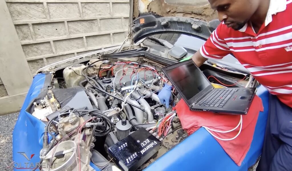 Arduino-based Electronic Control Unit (ECU) installed in a classic car, showcasing the integration of modern technology in a vintage vehicle.