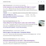 Google search results for "AutoZone car wrap scam" showing multiple warnings and forum discussions