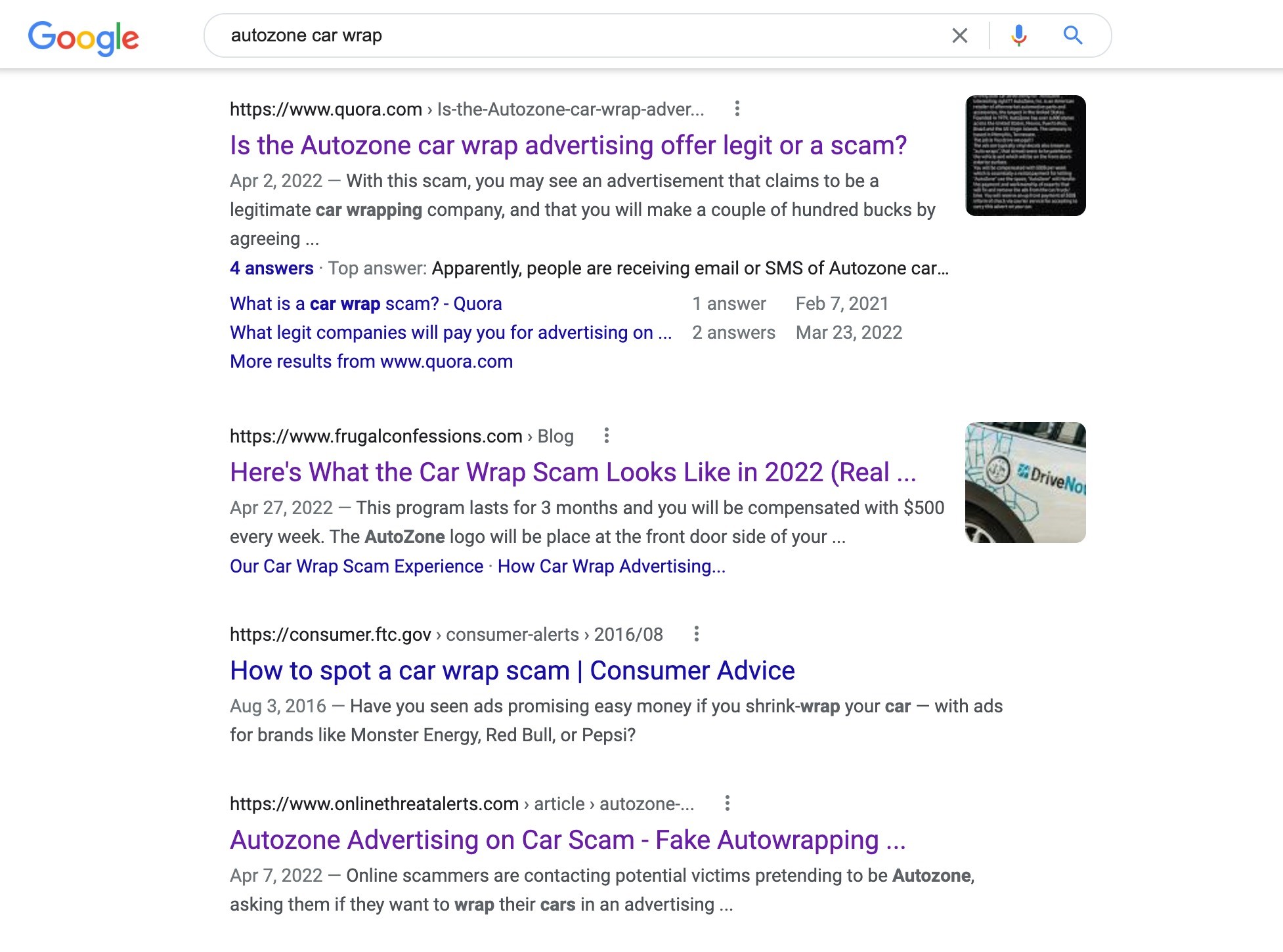 Google search results for "AutoZone car wrap scam" showing multiple warnings and forum discussions