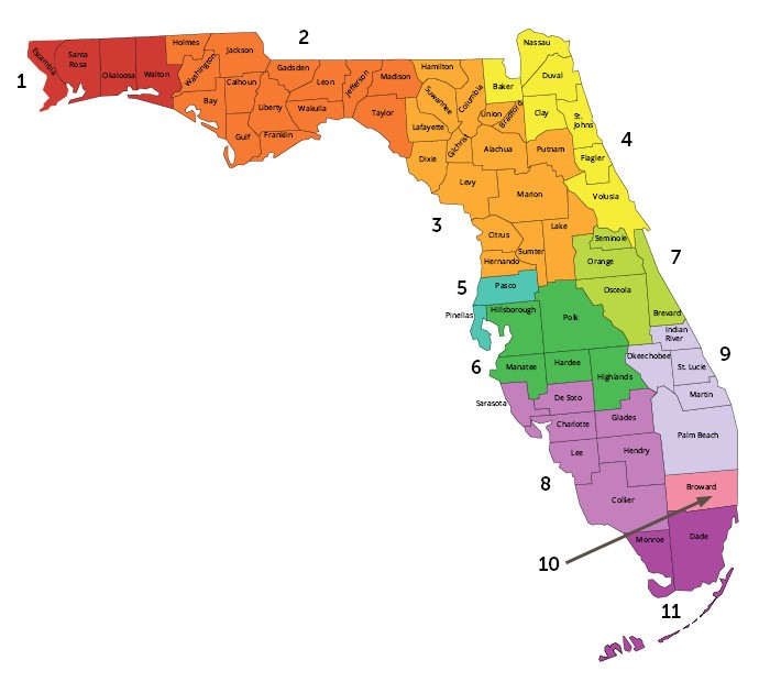 Florida Map Highlighting Counties Served by Elder Care Programs