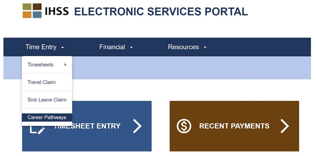 Screenshot of IHSS electronic timesheet portal showing the Time Entry drop-down menu