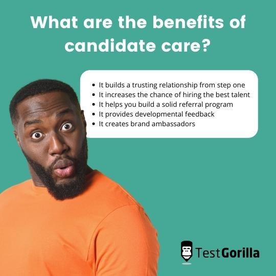 Graph depicting the benefits of a candidate care program, including building trust, attracting top talent, increasing referrals, providing feedback, and fostering brand ambassadorship.