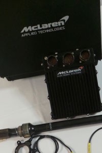 McLaren Applied Technologies ECU components for IndyCar racing, showcasing the TAG-400i engine control unit and sensors