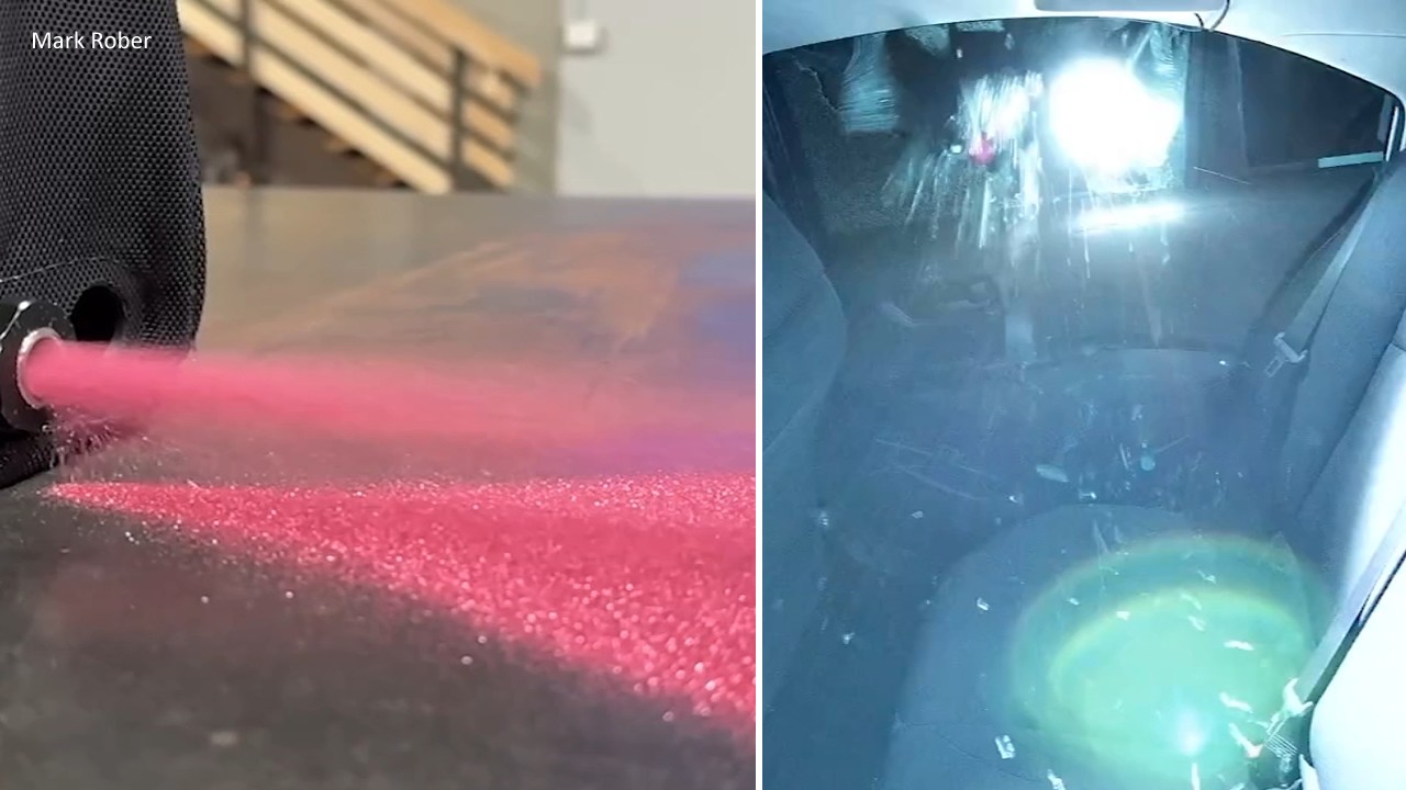 Split image of a bait car with glitter bomb backpack and glitter covered car interior