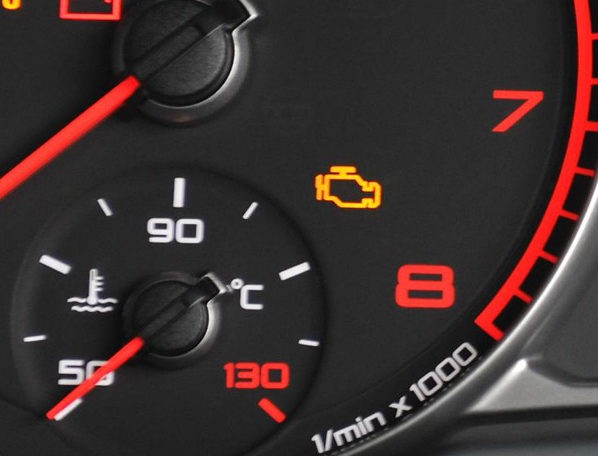 Dashboard instruments with engine management light illuminated