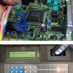 Car computer motherboard being reprogrammed to work with new keys (top) and a key fob being programmed (bottom)